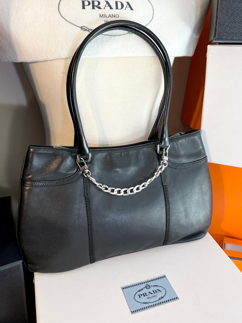 Prada🌟Black Smooth Leather and silver hardware Shoulder Bag! Offers welcome!